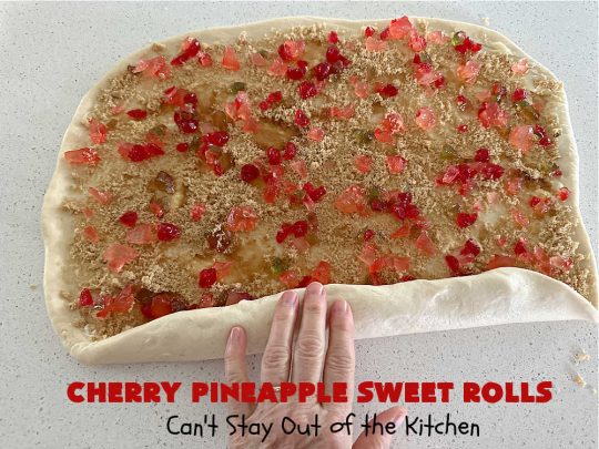 Cherry Pineapple Sweet Rolls | Can't Stay Out of the Kitchen | Prepare to drool over these luscious #SweetRolls. They're filled with a scrumptious #CherryPineappleFruitMix & glazed with a thick #almond icing that makes these #CinnamonRolls so rich and decadent you won't be able to resist them. Wonderful for #holidays or for a weekend or company #breakfast or #brunch. #cherry #pineapple #ParadiseFruit #CherryPineappleSweetRolls