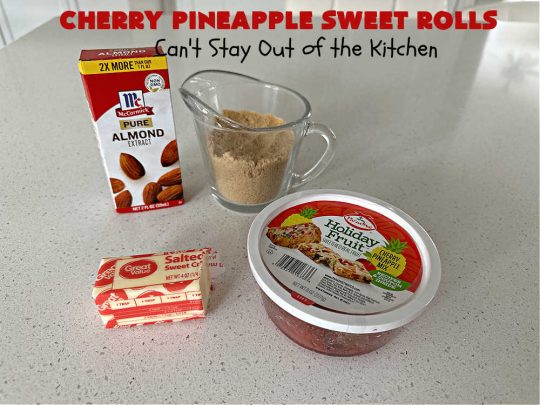 Cherry Pineapple Sweet Rolls | Can't Stay Out of the Kitchen | Prepare to drool over these luscious #SweetRolls. They're filled with a scrumptious #CherryPineappleFruitMix & glazed with a thick #almond icing that makes these #CinnamonRolls so rich and decadent you won't be able to resist them. Wonderful for #holidays or for a weekend or company #breakfast or #brunch. #cherry #pineapple #ParadiseFruit #CherryPineappleSweetRolls