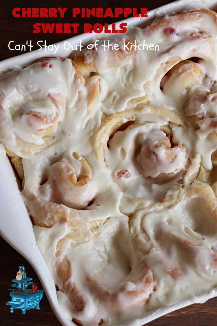 Cherry Pineapple Sweet Rolls | Can't Stay Out of the Kitchen | Prepare to drool over these luscious #SweetRolls. They're filled with a scrumptious #CherryPineappleFruitMix & glazed with a thick #almond icing that makes these #CinnamonRolls so rich and decadent you won't be able to resist them. Wonderful for #holidays or for a weekend or company #breakfast or #brunch. #cherry #pineapple #ParadiseFruit #CherryPineappleSweetRolls