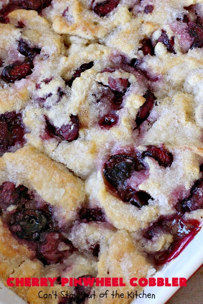Cherry Pinwheel Cobbler | Can't Stay Out of the Kitchen | this awesome #dessert rolls up #almond flavored #cherries in #PieCrust. A syrup is poured over top before baking. Terrific #CherryDessert while #FreshCherries are in season. #cobbler #CherryCobbler #CherryPinwheelCobbler #Summer #SummerDessert #NorthwestCherryGrowers #NWCherries #Canbassador