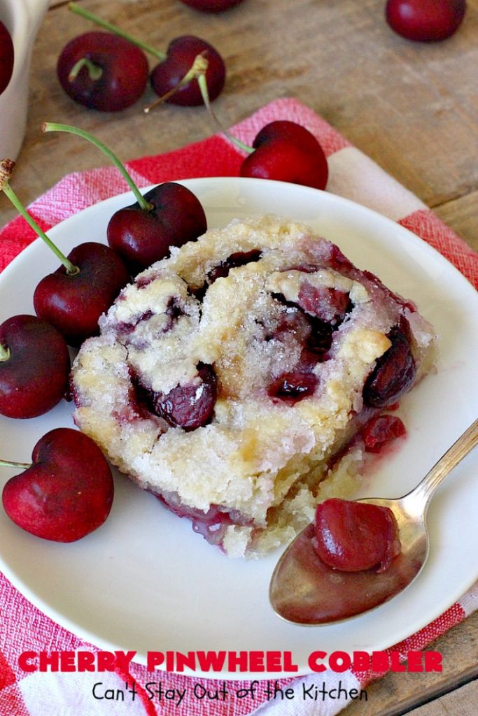 Cherry Pinwheel Cobbler | Can't Stay Out of the Kitchen | this awesome #dessert rolls up #almond flavored #cherries in #PieCrust. A syrup is poured over top before baking. Terrific #CherryDessert while #FreshCherries are in season. #cobbler #CherryCobbler #CherryPinwheelCobbler #Summer #SummerDessert #NorthwestCherryGrowers #NWCherries #Canbassador