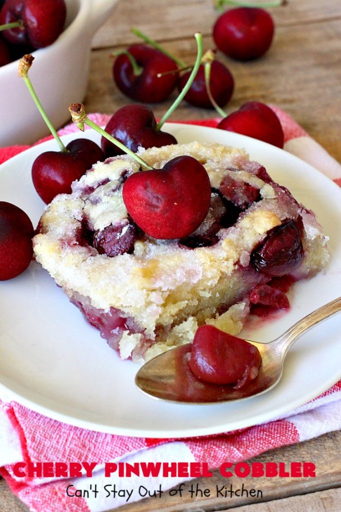 Cherry Pinwheel Cobbler | Can't Stay Out of the Kitchen | this awesome #dessert rolls up #almond flavored #cherries in #PieCrust. A syrup is poured over top before baking. Terrific #CherryDessert while #FreshCherries are in season. #cobbler #CherryCobbler #CherryPinwheelCobbler #Summer #SummerDessert #NorthwestCherryGrowers #NWCherries #Canbassador