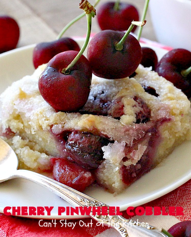 Cherry Pinwheel Cobbler | Can't Stay Out of the Kitchen | this awesome #dessert rolls up #almond flavored #cherries in #PieCrust. A syrup is poured over top before baking. Terrific #CherryDessert while #FreshCherries are in season. #cobbler #CherryCobbler #CherryPinwheelCobbler #Summer #SummerDessert #NorthwestCherryGrowers #NWCherries #Canbassador