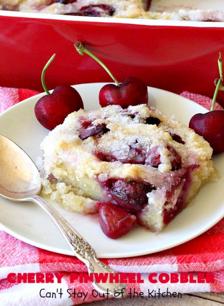 Cherry Pinwheel Cobbler | Can't Stay Out of the Kitchen | this awesome #dessert rolls up #almond flavored #cherries in #PieCrust. A syrup is poured over top before baking. Terrific #CherryDessert while #FreshCherries are in season. #cobbler #CherryCobbler #CherryPinwheelCobbler #Summer #SummerDessert #NorthwestCherryGrowers #NWCherries #Canbassador