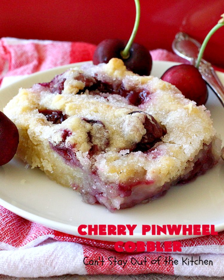 Cherry Pinwheel Cobbler | Can't Stay Out of the Kitchen | this awesome #dessert rolls up #almond flavored #cherries in #PieCrust. A syrup is poured over top before baking. Terrific #CherryDessert while #FreshCherries are in season. #cobbler #CherryCobbler #CherryPinwheelCobbler #Summer #SummerDessert #NorthwestCherryGrowers #NWCherries #Canbassador