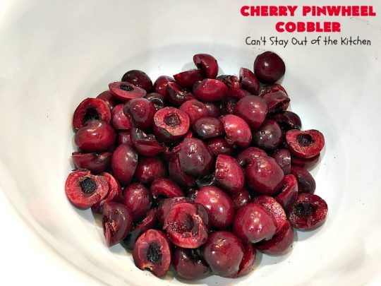 Cherry Pinwheel Cobbler | Can't Stay Out of the Kitchen | this awesome #dessert rolls up #almond flavored #cherries in #PieCrust. A syrup is poured over top before baking. Terrific #CherryDessert while #FreshCherries are in season. #cobbler #CherryCobbler #CherryPinwheelCobbler #Summer #SummerDessert #NorthwestCherryGrowers #NWCherries #Canbassador
