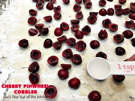 Cherry Pinwheel Cobbler | Can't Stay Out of the Kitchen | this awesome #dessert rolls up #almond flavored #cherries in #PieCrust. A syrup is poured over top before baking. Terrific #CherryDessert while #FreshCherries are in season. #cobbler #CherryCobbler #CherryPinwheelCobbler #Summer #SummerDessert #NorthwestCherryGrowers #NWCherries #Canbassador