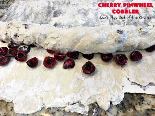Cherry Pinwheel Cobbler | Can't Stay Out of the Kitchen | this awesome #dessert rolls up #almond flavored #cherries in #PieCrust. A syrup is poured over top before baking. Terrific #CherryDessert while #FreshCherries are in season. #cobbler #CherryCobbler #CherryPinwheelCobbler #Summer #SummerDessert #NorthwestCherryGrowers #NWCherries #Canbassador