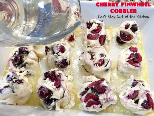 Cherry Pinwheel Cobbler | Can't Stay Out of the Kitchen | this awesome #dessert rolls up #almond flavored #cherries in #PieCrust. A syrup is poured over top before baking. Terrific #CherryDessert while #FreshCherries are in season. #cobbler #CherryCobbler #CherryPinwheelCobbler #Summer #SummerDessert #NorthwestCherryGrowers #NWCherries #Canbassador