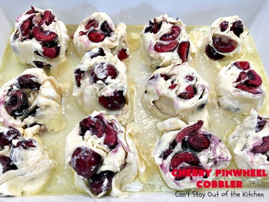 Cherry Pinwheel Cobbler | Can't Stay Out of the Kitchen | this awesome #dessert rolls up #almond flavored #cherries in #PieCrust. A syrup is poured over top before baking. Terrific #CherryDessert while #FreshCherries are in season. #cobbler #CherryCobbler #CherryPinwheelCobbler #Summer #SummerDessert #NorthwestCherryGrowers #NWCherries #Canbassador