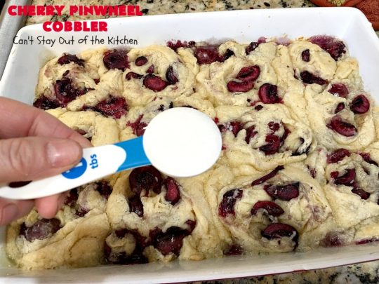 Cherry Pinwheel Cobbler | Can't Stay Out of the Kitchen | this awesome #dessert rolls up #almond flavored #cherries in #PieCrust. A syrup is poured over top before baking. Terrific #CherryDessert while #FreshCherries are in season. #cobbler #CherryCobbler #CherryPinwheelCobbler #Summer #SummerDessert #NorthwestCherryGrowers #NWCherries #Canbassador