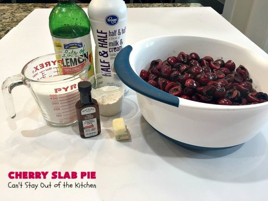 Cherry Slab Pie | Can't Stay Out of the Kitchen | this irresistible #pie is outrageously delicious. It's terrific to serve in the #summer when #FreshCherries are in season. We like it for #Tailgating parties, potlucks, Family Reunions or backyard BBQs. #dessert #CherryDessert #CherrySlabPie #Holiday #cherries #HolidayDessert #FourthOfJulyDessert #NWCherries #NorthwestCherryGrowers #Canbassador #FavoriteCherryPie #CherryPie