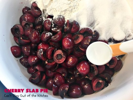 Cherry Slab Pie | Can't Stay Out of the Kitchen | this irresistible #pie is outrageously delicious. It's terrific to serve in the #summer when #FreshCherries are in season. We like it for #Tailgating parties, potlucks, Family Reunions or backyard BBQs. #dessert #CherryDessert #CherrySlabPie #Holiday #cherries #HolidayDessert #FourthOfJulyDessert #NWCherries #NorthwestCherryGrowers #Canbassador #FavoriteCherryPie #CherryPie