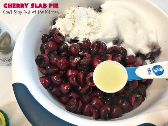 Cherry Slab Pie | Can't Stay Out of the Kitchen | this irresistible #pie is outrageously delicious. It's terrific to serve in the #summer when #FreshCherries are in season. We like it for #Tailgating parties, potlucks, Family Reunions or backyard BBQs. #dessert #CherryDessert #CherrySlabPie #Holiday #cherries #HolidayDessert #FourthOfJulyDessert #NWCherries #NorthwestCherryGrowers #Canbassador #FavoriteCherryPie #CherryPie