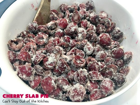 Cherry Slab Pie | Can't Stay Out of the Kitchen | this irresistible #pie is outrageously delicious. It's terrific to serve in the #summer when #FreshCherries are in season. We like it for #Tailgating parties, potlucks, Family Reunions or backyard BBQs. #dessert #CherryDessert #CherrySlabPie #Holiday #cherries #HolidayDessert #FourthOfJulyDessert #NWCherries #NorthwestCherryGrowers #Canbassador #FavoriteCherryPie #CherryPie