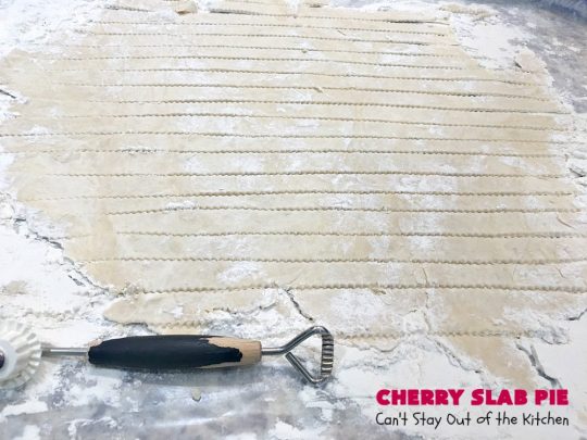 Cherry Slab Pie | Can't Stay Out of the Kitchen | this irresistible #pie is outrageously delicious. It's terrific to serve in the #summer when #FreshCherries are in season. We like it for #Tailgating parties, potlucks, Family Reunions or backyard BBQs. #dessert #CherryDessert #CherrySlabPie #Holiday #cherries #HolidayDessert #FourthOfJulyDessert #NWCherries #NorthwestCherryGrowers #Canbassador #FavoriteCherryPie #CherryPie