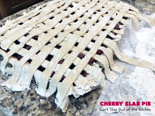 Cherry Slab Pie | Can't Stay Out of the Kitchen | this irresistible #pie is outrageously delicious. It's terrific to serve in the #summer when #FreshCherries are in season. We like it for #Tailgating parties, potlucks, Family Reunions or backyard BBQs. #dessert #CherryDessert #CherrySlabPie #Holiday #cherries #HolidayDessert #FourthOfJulyDessert #NWCherries #NorthwestCherryGrowers #Canbassador #FavoriteCherryPie #CherryPie