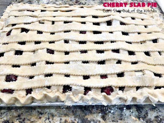 Cherry Slab Pie | Can't Stay Out of the Kitchen | this irresistible #pie is outrageously delicious. It's terrific to serve in the #summer when #FreshCherries are in season. We like it for #Tailgating parties, potlucks, Family Reunions or backyard BBQs. #dessert #CherryDessert #CherrySlabPie #Holiday #cherries #HolidayDessert #FourthOfJulyDessert #NWCherries #NorthwestCherryGrowers #Canbassador #FavoriteCherryPie #CherryPie