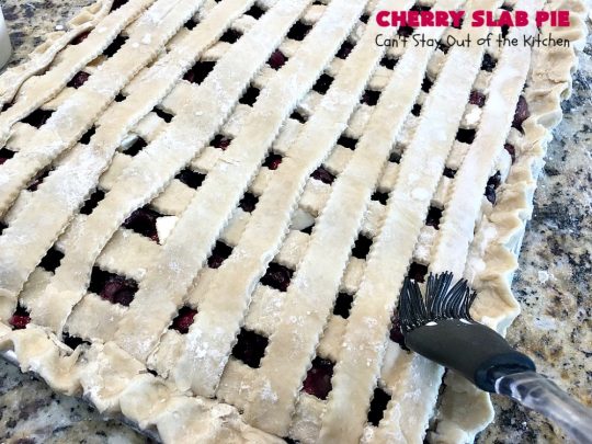 Cherry Slab Pie | Can't Stay Out of the Kitchen | this irresistible #pie is outrageously delicious. It's terrific to serve in the #summer when #FreshCherries are in season. We like it for #Tailgating parties, potlucks, Family Reunions or backyard BBQs. #dessert #CherryDessert #CherrySlabPie #Holiday #cherries #HolidayDessert #FourthOfJulyDessert #NWCherries #NorthwestCherryGrowers #Canbassador #FavoriteCherryPie #CherryPie