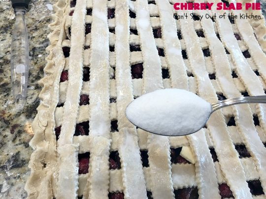 Cherry Slab Pie | Can't Stay Out of the Kitchen | this irresistible #pie is outrageously delicious. It's terrific to serve in the #summer when #FreshCherries are in season. We like it for #Tailgating parties, potlucks, Family Reunions or backyard BBQs. #dessert #CherryDessert #CherrySlabPie #Holiday #cherries #HolidayDessert #FourthOfJulyDessert #NWCherries #NorthwestCherryGrowers #Canbassador #FavoriteCherryPie #CherryPie
