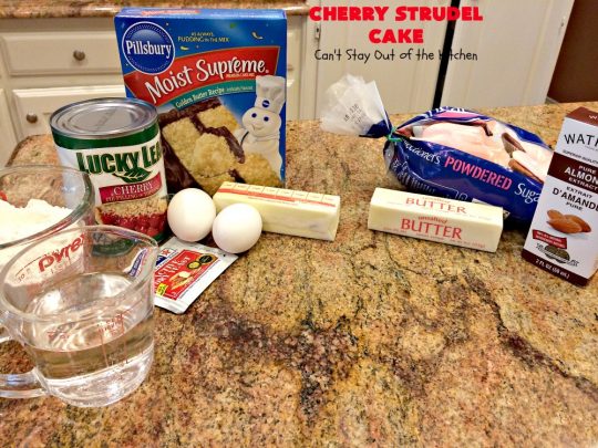 Cherry Strudel Cake | Can't Stay Out of the Kitchen | this rich, decadent #cake is absolutely divine! It's perfect for either a #holiday #breakfast or for #dessert. It uses #CherryPieFilling in the middle, a streusel topping & icing with #almond extract. Tastes like eating #CherryStrudel but so much easier! #coffeecake #CherryCoffeecake #CherryCake #Brunch #HolidayBreakfast #CherryDessert #CherryStrudelCake