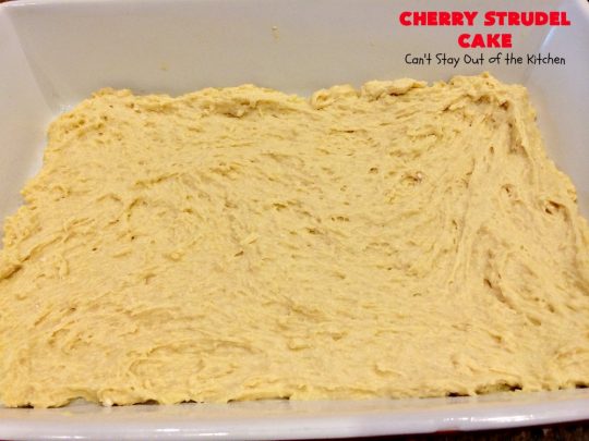 Cherry Strudel Cake | Can't Stay Out of the Kitchen | this rich, decadent #cake is absolutely divine! It's perfect for either a #holiday #breakfast or for #dessert. It uses #CherryPieFilling in the middle, a streusel topping & icing with #almond extract. Tastes like eating #CherryStrudel but so much easier! #coffeecake #CherryCoffeecake #CherryCake #Brunch #HolidayBreakfast #CherryDessert #CherryStrudelCake