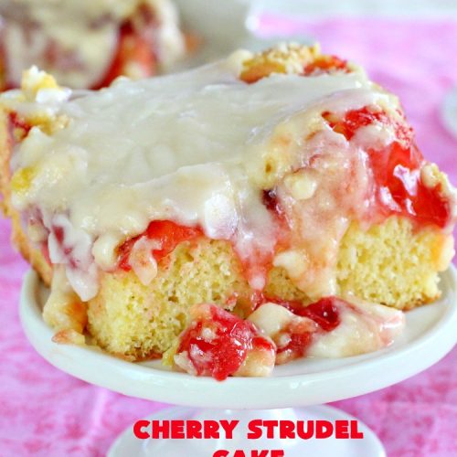 Cherry Strudel Cake | Can't Stay Out of the Kitchen | this rich, decadent #cake is absolutely divine! It's perfect for either a #holiday #breakfast or for #dessert. It uses #CherryPieFilling in the middle, a streusel topping & icing with #almond extract. Tastes like eating #CherryStrudel but so much easier! #coffeecake #CherryCoffeecake #CherryCake #Brunch #HolidayBreakfast #CherryDessert #CherryStrudelCake