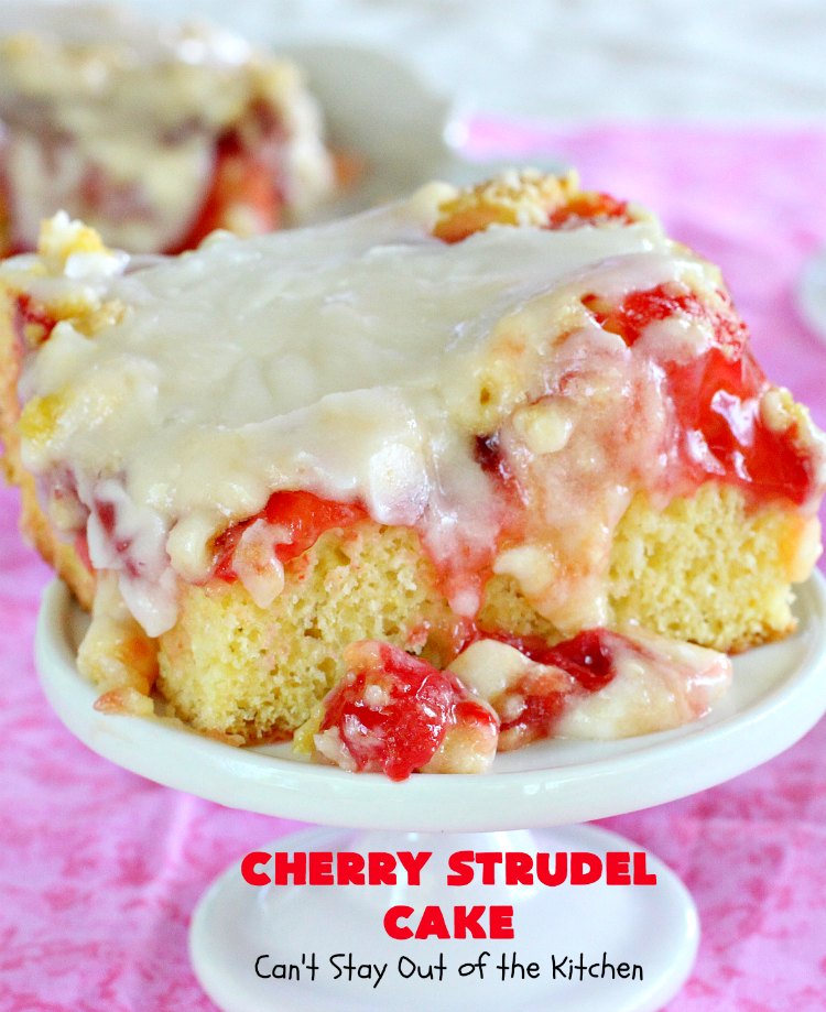 Cherry Strudel Cake | Can't Stay Out of the Kitchen | this rich, decadent #cake is absolutely divine! It's perfect for either a #holiday #breakfast or for #dessert. It uses #CherryPieFilling in the middle, a streusel topping & icing with #almond extract. Tastes like eating #CherryStrudel but so much easier! #coffeecake #CherryCoffeecake #CherryCake #Brunch #HolidayBreakfast #CherryDessert #CherryStrudelCake
