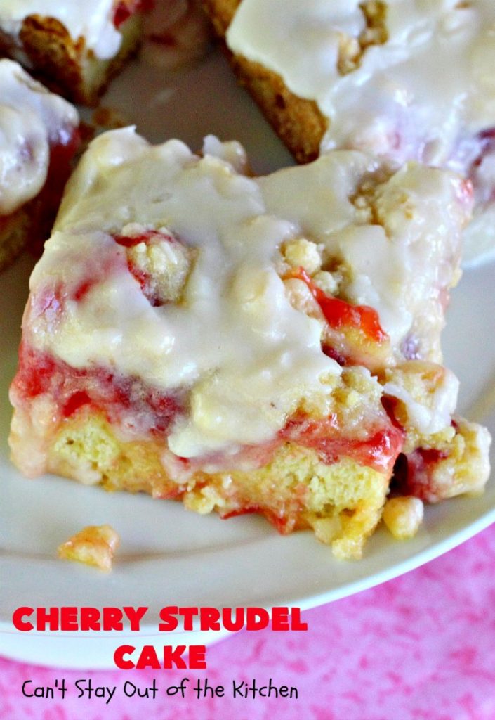 Cherry Strudel Cake | Can't Stay Out of the Kitchen | this rich, decadent #cake is absolutely divine! It's perfect for either a #holiday #breakfast or for #dessert. It uses #CherryPieFilling in the middle, a streusel topping & icing with #almond extract. Tastes like eating #CherryStrudel but so much easier! #coffeecake #CherryCoffeecake #CherryCake #Brunch #HolidayBreakfast #CherryDessert #CherryStrudelCake