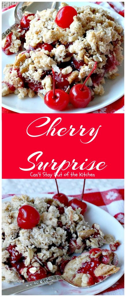 Cherry Surprise | Can't Stay Out of the Kitchen | this fabulous #dessert is made with #cherrypiefilling #coconut and #pecans in a lovely #oatmeal crust. This makes a great #cobbler for #holidays and #Valentine'sDay.