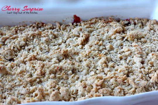 Cherry Surprise | Can't Stay Out of the Kitchen | this fabulous #dessert is made with #cherrypiefilling #coconut and #pecans in a lovely #oatmeal crust. This makes a great #cobbler for #holidays and #Valentine'sDay. 