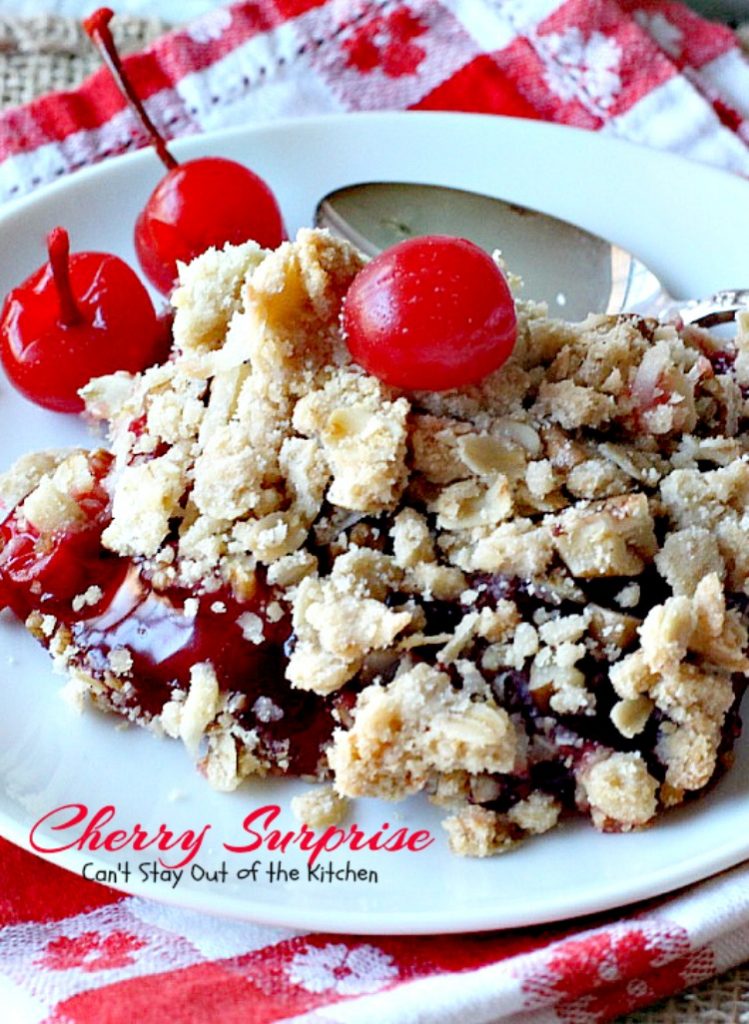 Cherry Surprise | Can't Stay Out of the Kitchen | this fabulous #dessert is made with #cherrypiefilling #coconut and #pecans in a lovely #oatmeal crust. This makes a great #cobbler for #holidays and #Valentine'sDay. 