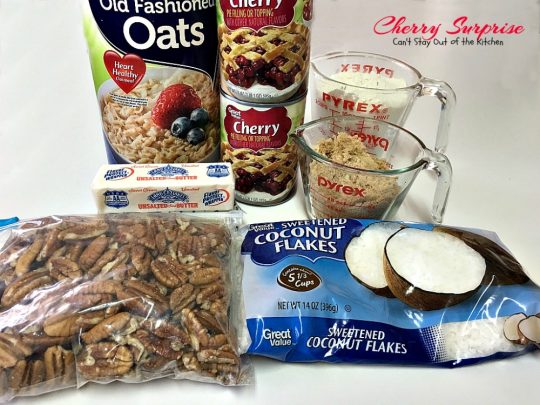 Cherry Surprise | Can't Stay Out of the Kitchen | this fabulous #dessert is made with #cherrypiefilling #coconut and #pecans in a lovely #oatmeal crust. This makes a great #cobbler for #holidays and #Valentine'sDay. 