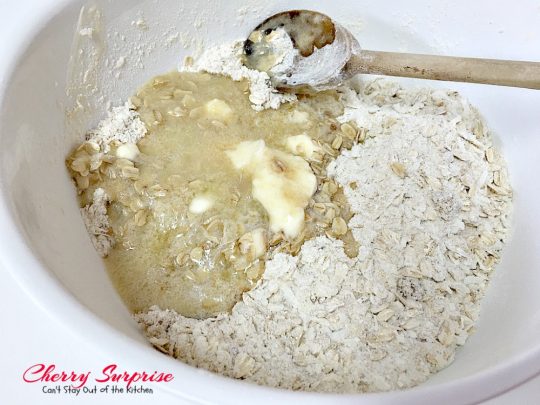 Cherry Surprise | Can't Stay Out of the Kitchen | this fabulous #dessert is made with #cherrypiefilling #coconut and #pecans in a lovely #oatmeal crust. This makes a great #cobbler for #holidays and #Valentine'sDay. 