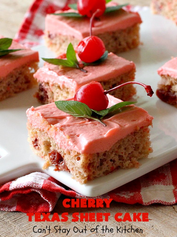 Cherry Texas Sheet Cake | Can't Stay Out of the Kitchen | this luscious #cake will knock your socks off! This mouthwatering #recipe will feed a crowd so it's great for #holidays or company. The #CreamCheese icing is wonderful. #dessert #HolidayDessert #CherryDessert #TexasSheetCake #CherryTexasSheetCake
