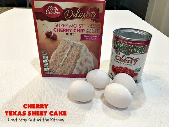 Cherry Texas Sheet Cake | Can't Stay Out of the Kitchen | this luscious #cake will knock your socks off! This mouthwatering #recipe will feed a crowd so it's great for #holidays or company. The #CreamCheese icing is wonderful. #dessert #HolidayDessert #CherryDessert #TexasSheetCake #CherryTexasSheetCake