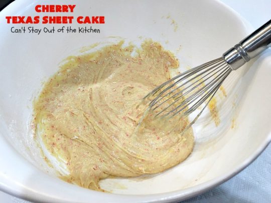 Cherry Texas Sheet Cake | Can't Stay Out of the Kitchen | this luscious #cake will knock your socks off! This mouthwatering #recipe will feed a crowd so it's great for #holidays or company. The #CreamCheese icing is wonderful. #dessert #HolidayDessert #CherryDessert #TexasSheetCake #CherryTexasSheetCake