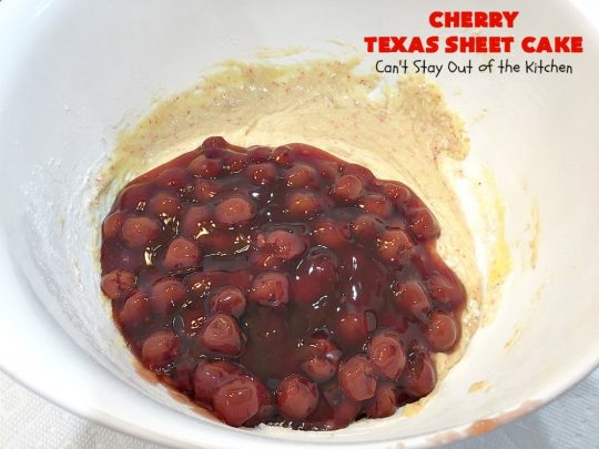 Cherry Texas Sheet Cake | Can't Stay Out of the Kitchen | this luscious #cake will knock your socks off! This mouthwatering #recipe will feed a crowd so it's great for #holidays or company. The #CreamCheese icing is wonderful. #dessert #HolidayDessert #CherryDessert #TexasSheetCake #CherryTexasSheetCake