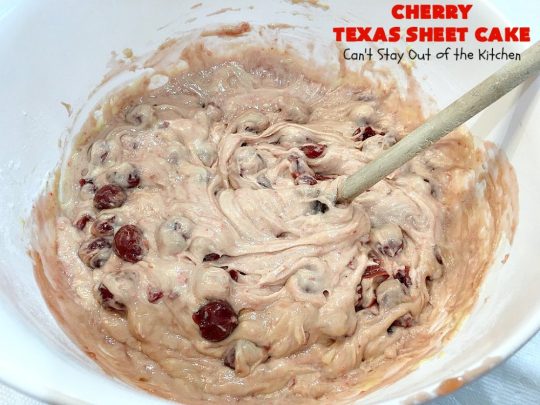 Cherry Texas Sheet Cake | Can't Stay Out of the Kitchen | this luscious #cake will knock your socks off! This mouthwatering #recipe will feed a crowd so it's great for #holidays or company. The #CreamCheese icing is wonderful. #dessert #HolidayDessert #CherryDessert #TexasSheetCake #CherryTexasSheetCake