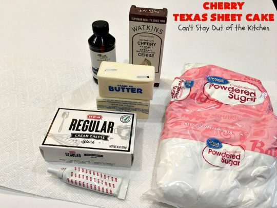 Cherry Texas Sheet Cake | Can't Stay Out of the Kitchen | this luscious #cake will knock your socks off! This mouthwatering #recipe will feed a crowd so it's great for #holidays or company. The #CreamCheese icing is wonderful. #dessert #HolidayDessert #CherryDessert #TexasSheetCake #CherryTexasSheetCake