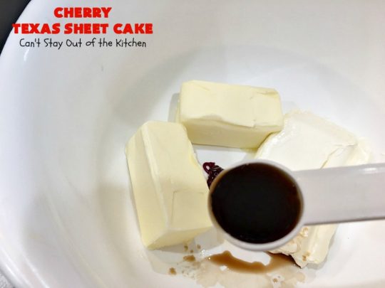 Cherry Texas Sheet Cake | Can't Stay Out of the Kitchen | this luscious #cake will knock your socks off! This mouthwatering #recipe will feed a crowd so it's great for #holidays or company. The #CreamCheese icing is wonderful. #dessert #HolidayDessert #CherryDessert #TexasSheetCake #CherryTexasSheetCake