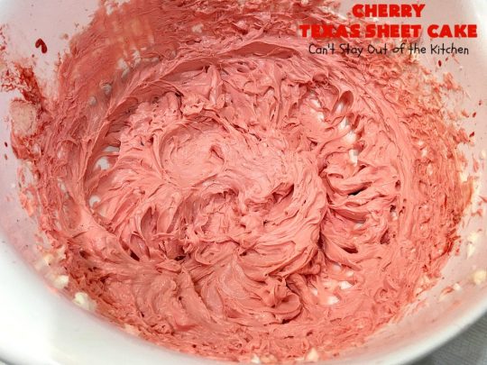 Cherry Texas Sheet Cake | Can't Stay Out of the Kitchen | this luscious #cake will knock your socks off! This mouthwatering #recipe will feed a crowd so it's great for #holidays or company. The #CreamCheese icing is wonderful. #dessert #HolidayDessert #CherryDessert #TexasSheetCake #CherryTexasSheetCake