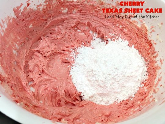 Cherry Texas Sheet Cake | Can't Stay Out of the Kitchen | this luscious #cake will knock your socks off! This mouthwatering #recipe will feed a crowd so it's great for #holidays or company. The #CreamCheese icing is wonderful. #dessert #HolidayDessert #CherryDessert #TexasSheetCake #CherryTexasSheetCake