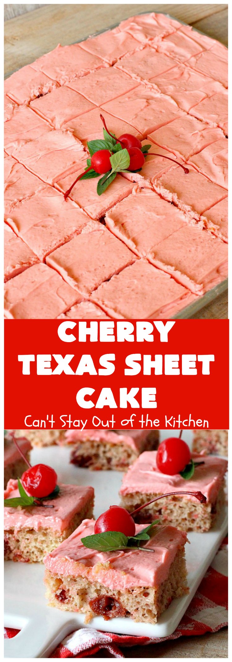 Cherry Texas Sheet Cake | Can't Stay Out of the Kitchen | this luscious #cake will knock your socks off! This mouthwatering #recipe will feed a crowd so it's great for #holidays or company. The #CreamCheese icing is wonderful. #dessert #HolidayDessert #CherryDessert #TexasSheetCake #CherryTexasSheetCake