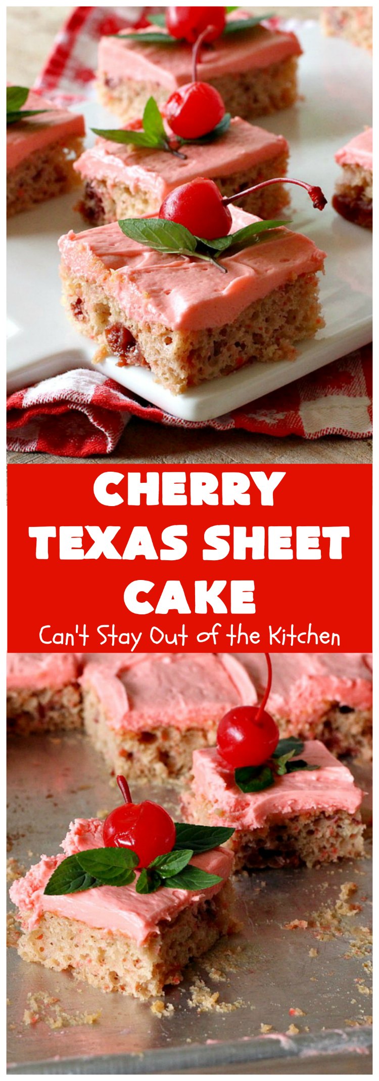 Cherry Texas Sheet Cake | Can't Stay Out of the Kitchen | this luscious #cake will knock your socks off! This mouthwatering #recipe will feed a crowd so it's great for #holidays or company. The #CreamCheese icing is wonderful. #dessert #HolidayDessert #CherryDessert #TexasSheetCake #CherryTexasSheetCake