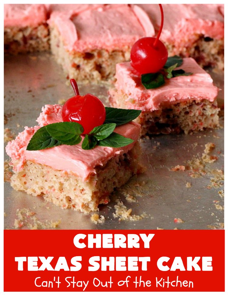 Cherry Texas Sheet Cake | Can't Stay Out of the Kitchen | this luscious #cake will knock your socks off! This mouthwatering #recipe will feed a crowd so it's great for #holidays or company. The #CreamCheese icing is wonderful. #dessert #HolidayDessert #CherryDessert #TexasSheetCake #CherryTexasSheetCake