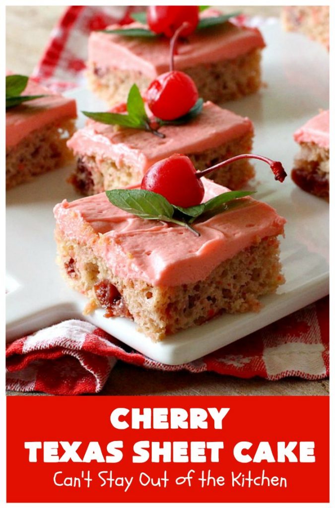 Cherry Texas Sheet Cake | Can't Stay Out of the Kitchen | this luscious #cake will knock your socks off! This mouthwatering #recipe will feed a crowd so it's great for #holidays or company. The #CreamCheese icing is wonderful. #dessert #HolidayDessert #CherryDessert #TexasSheetCake #CherryTexasSheetCake