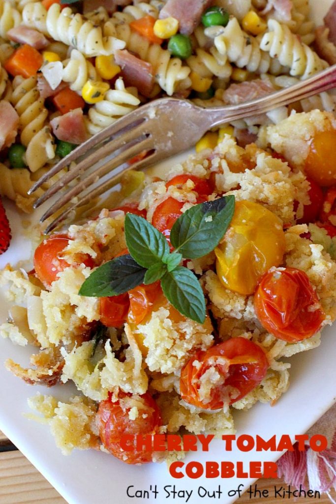 Cherry Tomato Cobbler | Can't Stay Out of the Kitchen | this delicious #casserole #recipe is made with cherry & sunburst #tomatoes. The #cobbler topping includes a six-cheese #Italian blend so this dish is very sumptuous and savory. Terrific #SideDish for #holidays like #Thanksgiving or #Christmas. I made the dish #GlutenFree & it was a hit with everyone! #CherryTomatoCobbler