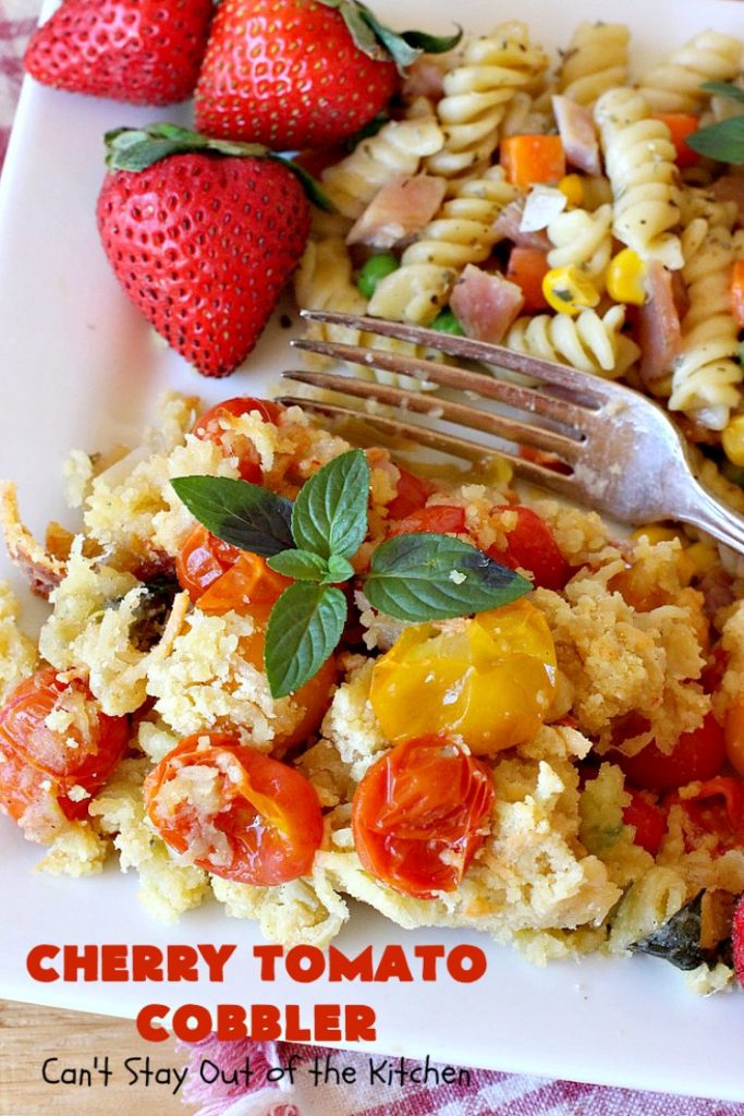Cherry Tomato Cobbler | Can't Stay Out of the Kitchen | this delicious #casserole #recipe is made with cherry & sunburst #tomatoes. The #cobbler topping includes a six-cheese #Italian blend so this dish is very sumptuous and savory. Terrific #SideDish for #holidays like #Thanksgiving or #Christmas. I made the dish #GlutenFree & it was a hit with everyone! #CherryTomatoCobbler