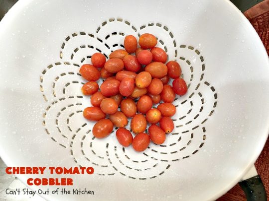 Cherry Tomato Cobbler | Can't Stay Out of the Kitchen | this delicious #casserole #recipe is made with cherry & sunburst #tomatoes. The #cobbler topping includes a six-cheese #Italian blend so this dish is very sumptuous and savory. Terrific #SideDish for #holidays like #Thanksgiving or #Christmas. I made the dish #GlutenFree & it was a hit with everyone! #CherryTomatoCobbler